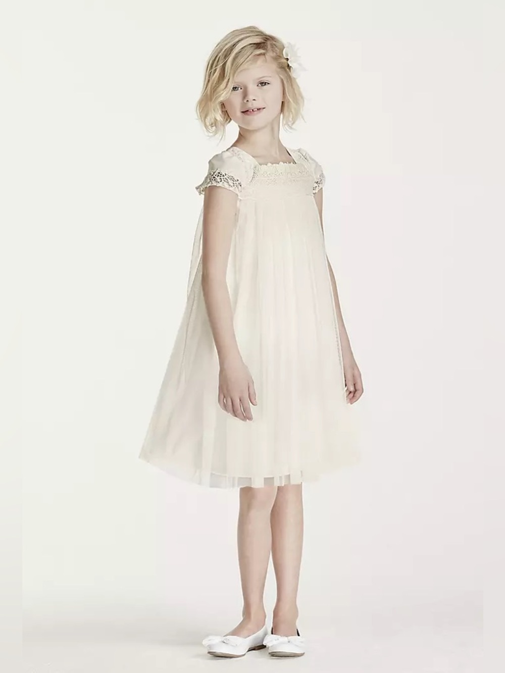 David’s Bridal || Short Sleeved Empire Tulle Sheath Flower Girl Dress